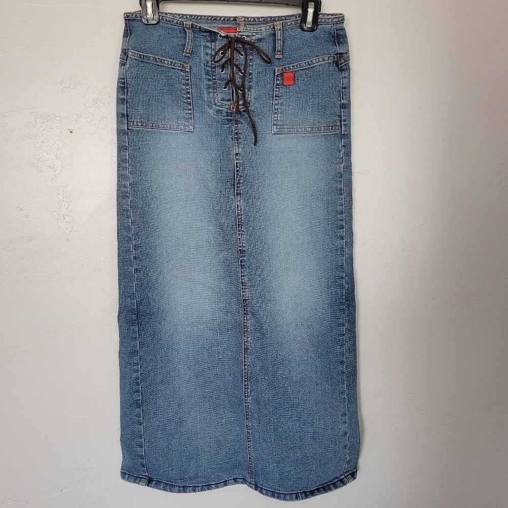 Bongo Juniors 5 Denim Maxi Skirt Brown Leather Lace Up Back Slit 90s Y2K Jean